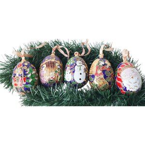 5 Cloisonné & Enamel Christmas Hanging Ornaments With Nativity Santa Snowman Hol